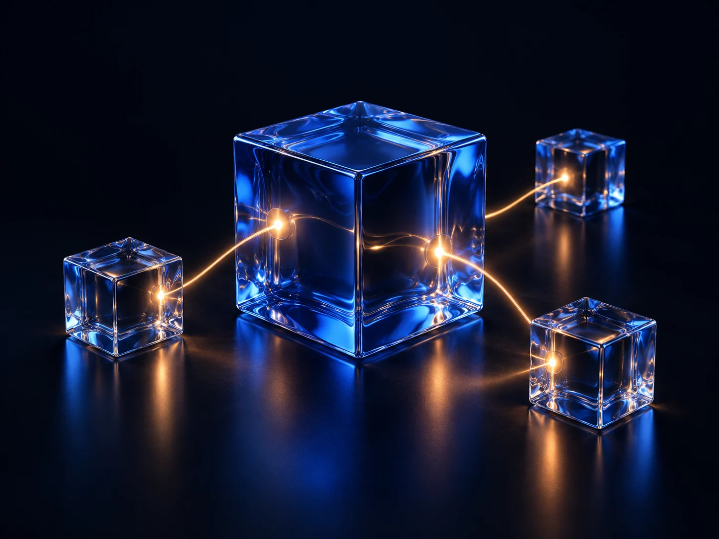 Sculptural cobalt glass cubes linked by warm light, representing connected AI agents
