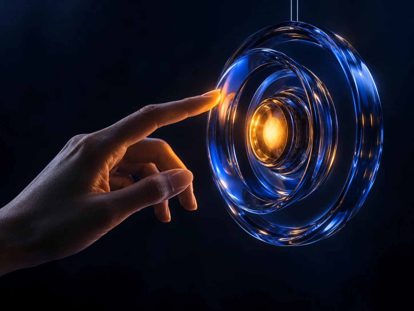A human hand interacting with a luminous blue glass ring