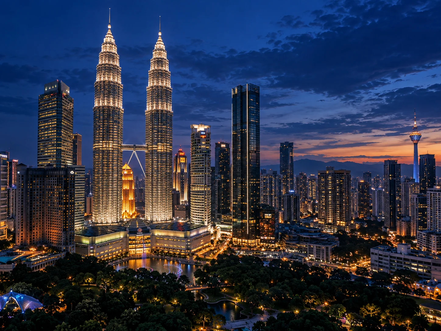 An artistic view of Kuala Lumpur’s skyline and the Petronas Towers at blue hour